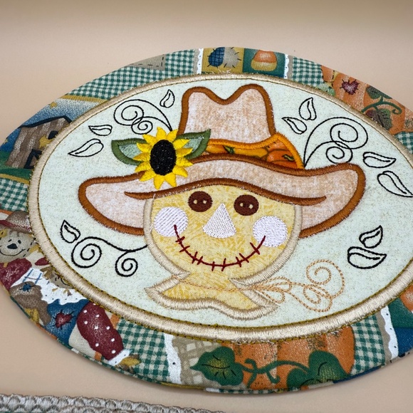 Rustic scarecrow fall Thanksgiving centerpiece hot pad with six utensil holders - Picture 2 of 9